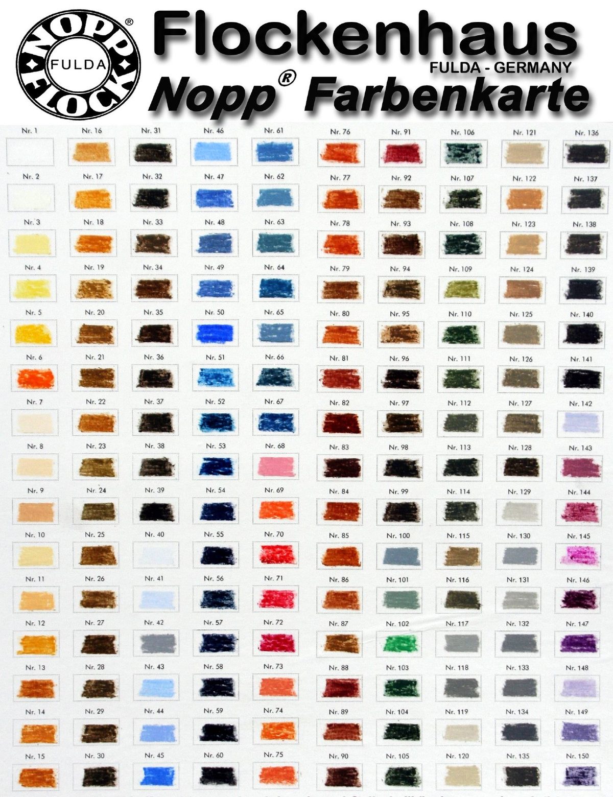 Colour chart for burling pens