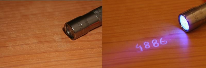 UV marking made with ink 4886 glowing under UV light